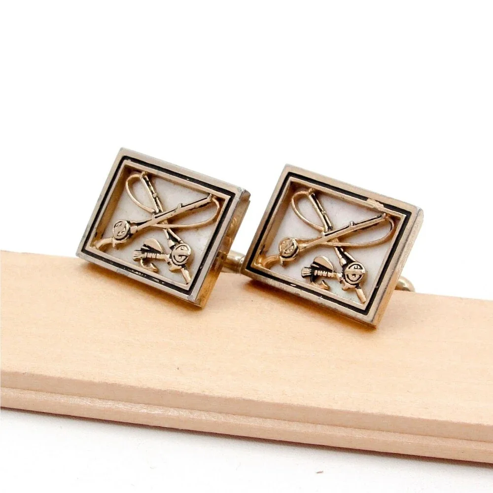 Vintage Swank Fly Fishing Cufflinks Gold Tone Mother of Pearl Rod Reel Sportsman